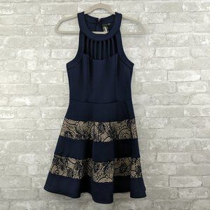 Navy Blue Trixxi Dress with Lace Overlay
